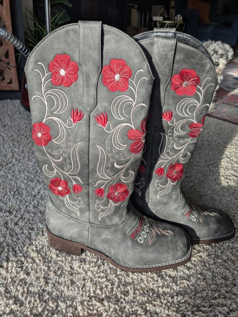 Women's Grey Embroidered Western Cowboy Boots Floral Mid Calf Block Heel